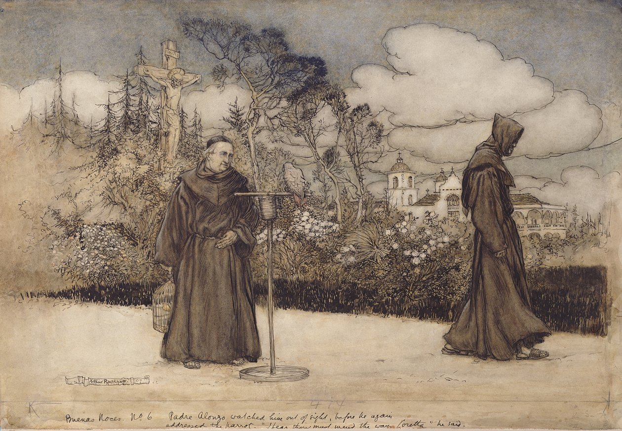 Padre Alonzo watched him out of sight, illustration from Good Night by Eleanor Gates, 1907 by Arthur Rackham