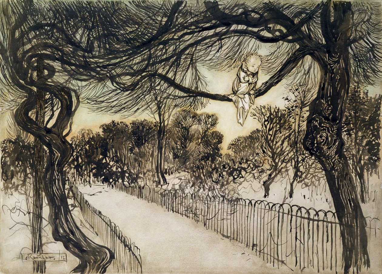 Peter Pan on a Branch, Scene from Peter Pan in Kensington Gardens by J.M Barrie, 1912 by Arthur Rackham