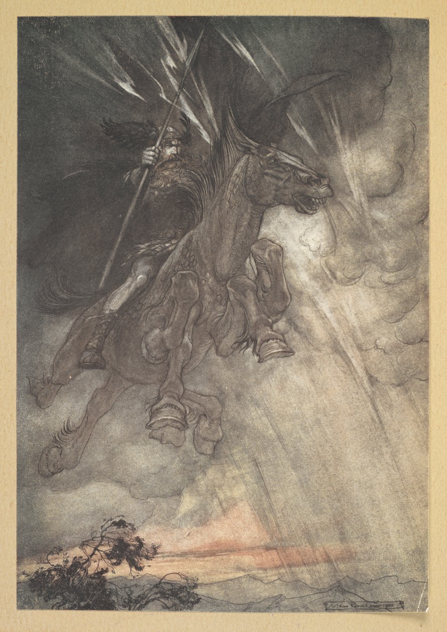 Raging, Wotan rides to the Rock! Like a storm-wind he comes! by Arthur Rackham