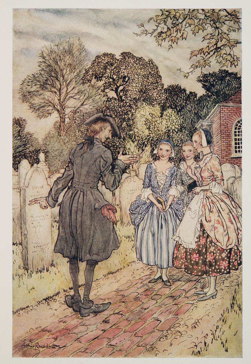 Reciting for their amusement all the Epitaphs on the Tombstones, from The Legend of Sleepy Hollow by Washington Irving, pub. 1928 by Arthur Rackham