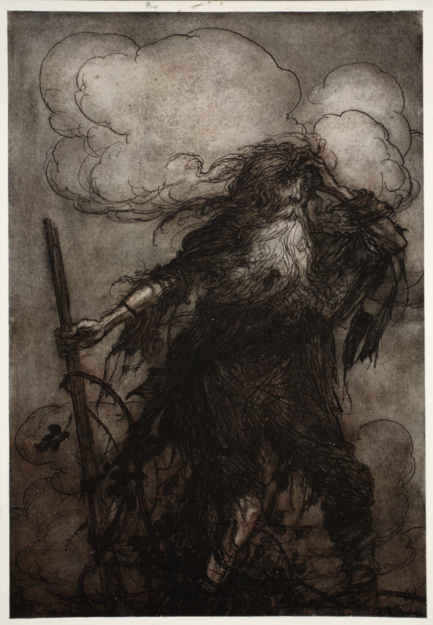 Rip wakes up. Surely, though he, I have not slept here all night? Oh! That flagon! That wicked flagon! What excuse shall I make to Dame Van Winkle? from Rip Van Winkle by Washington Irving by Arthur Rackham