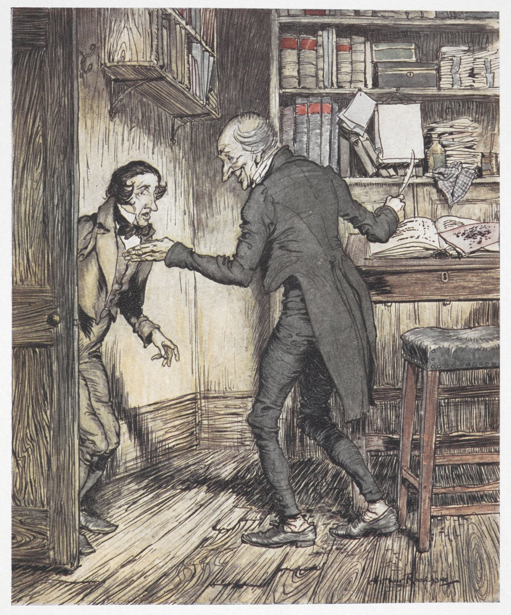 Scrooge writing in his office as another man enters by Arthur Rackham