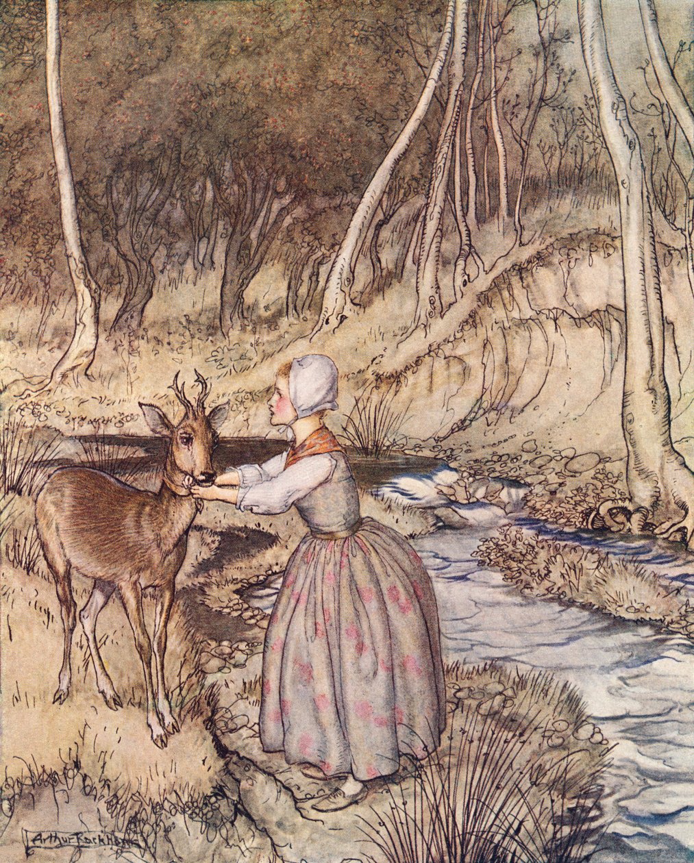 She took off her golden garter and put it round the Roe Buck