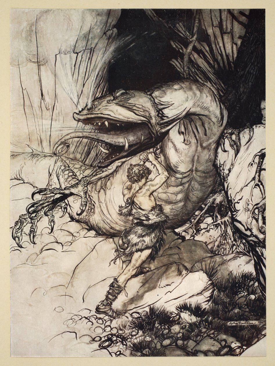 Siegfried kills Fafner, illustration from 