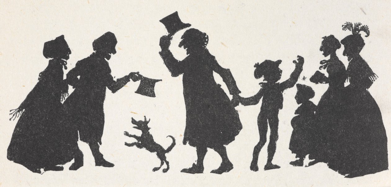 Silhouette of a young boy and a man greeting people on the way home from church by Arthur Rackham