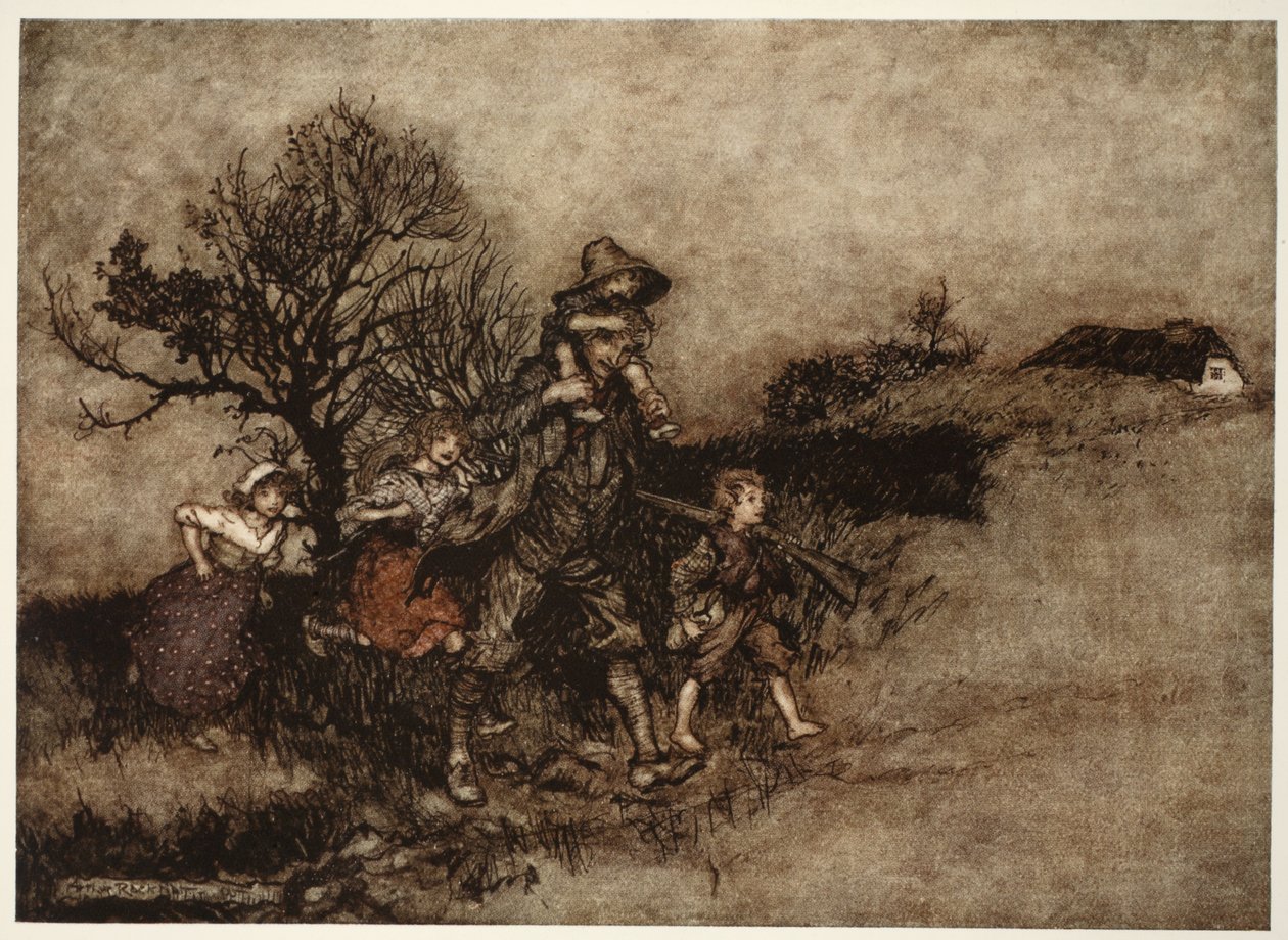 Surrounded by a troop of children, from Rip Van Winkle by Washington Irving by Arthur Rackham