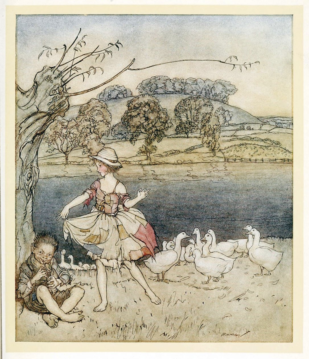 Tattercoats Dancing While the Goosherd Pipes by Arthur Rackham