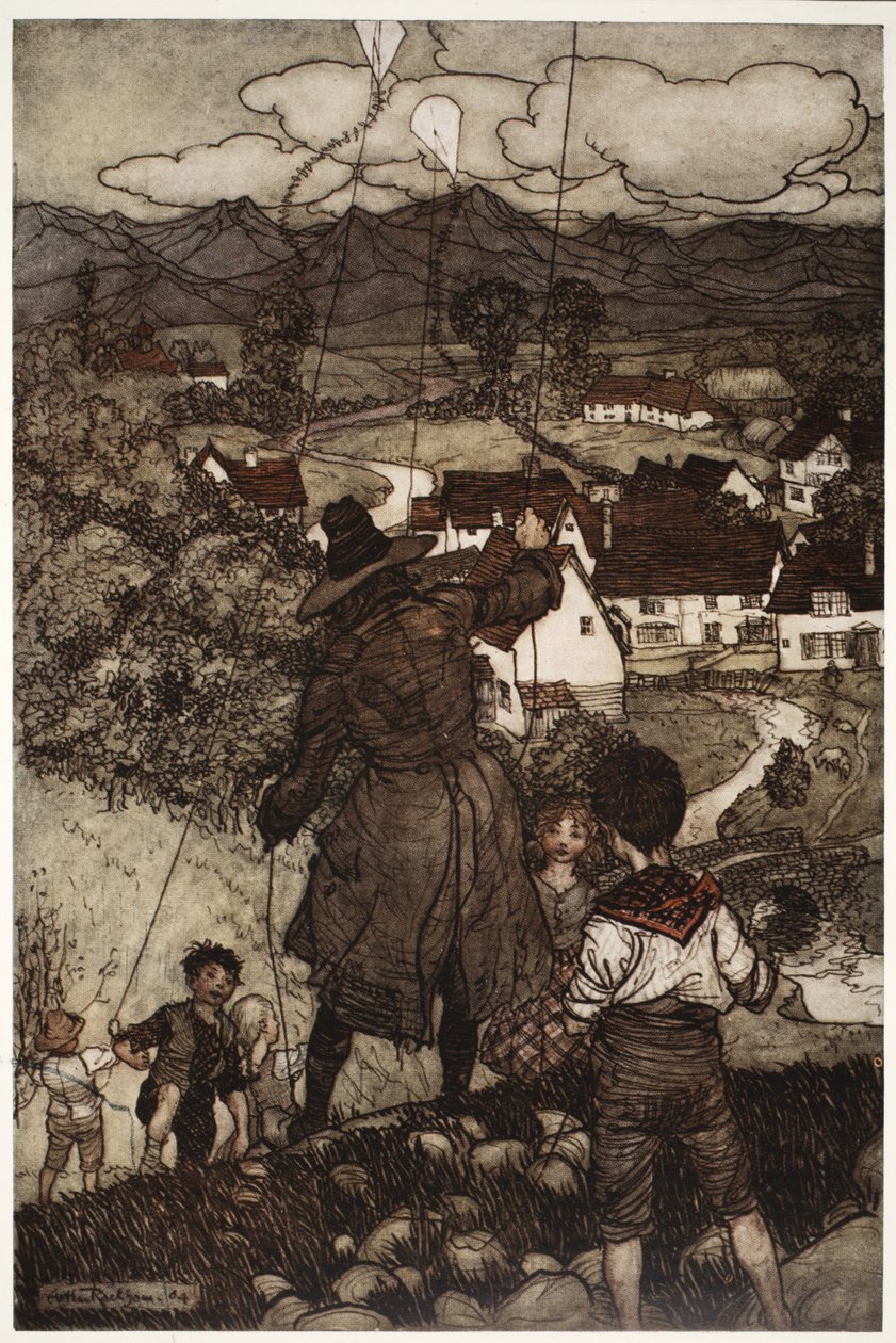 Taught them to fly kites, from Rip Van Winkle by Washington Irving by Arthur Rackham