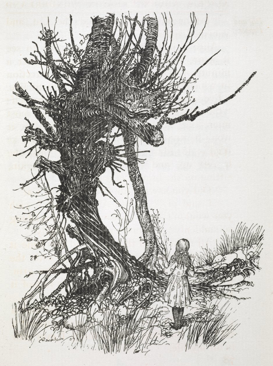 The Cheshire Cat in a Tree Looking Down at Alice by Arthur Rackham