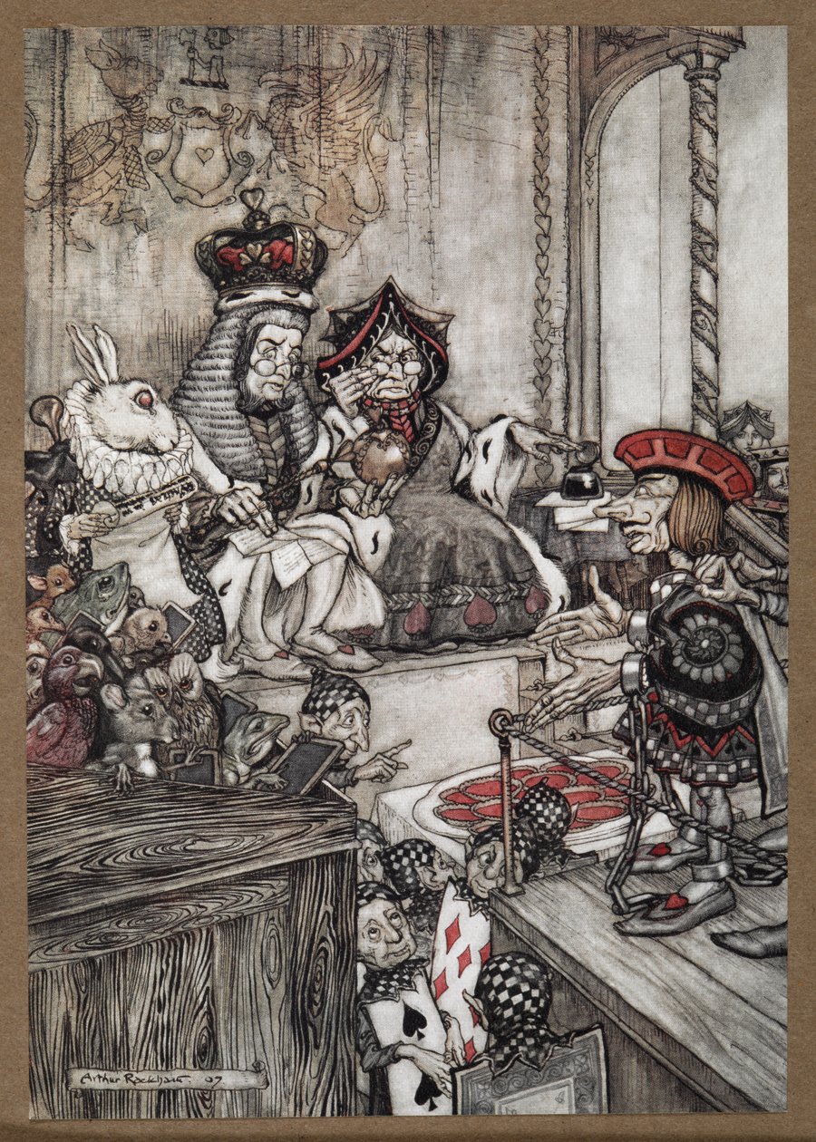 The Knave of Hearts in the dock before the Queen and King of Hearts accused of stealing the tarts by Arthur Rackham