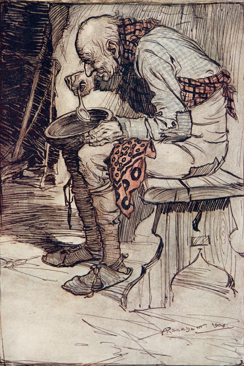 The Old Man had to sit by himself and ate his food from a wooden bowl by Arthur Rackham