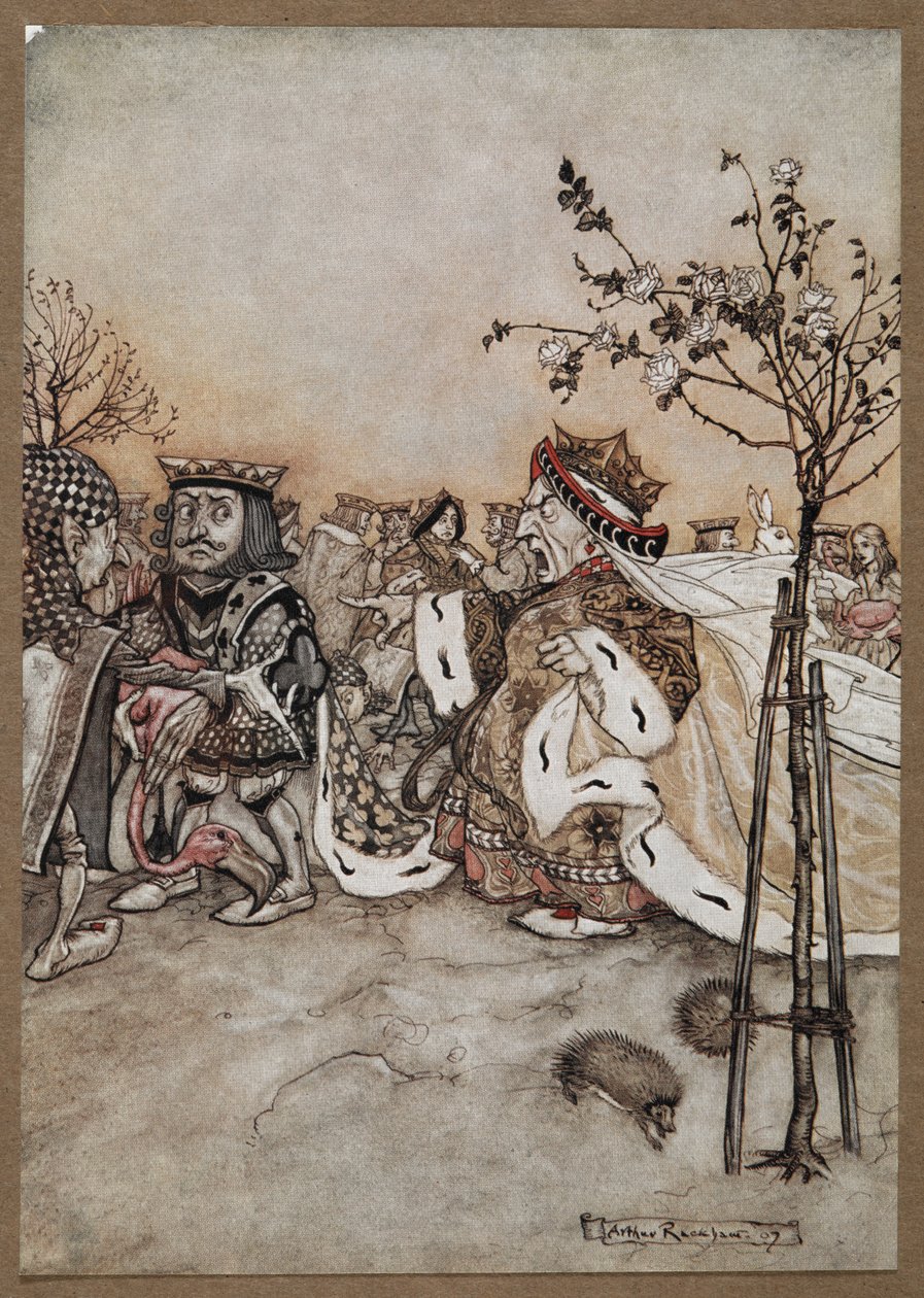 The Queen of Hearts shouting angrily after the game of croquet by Arthur Rackham