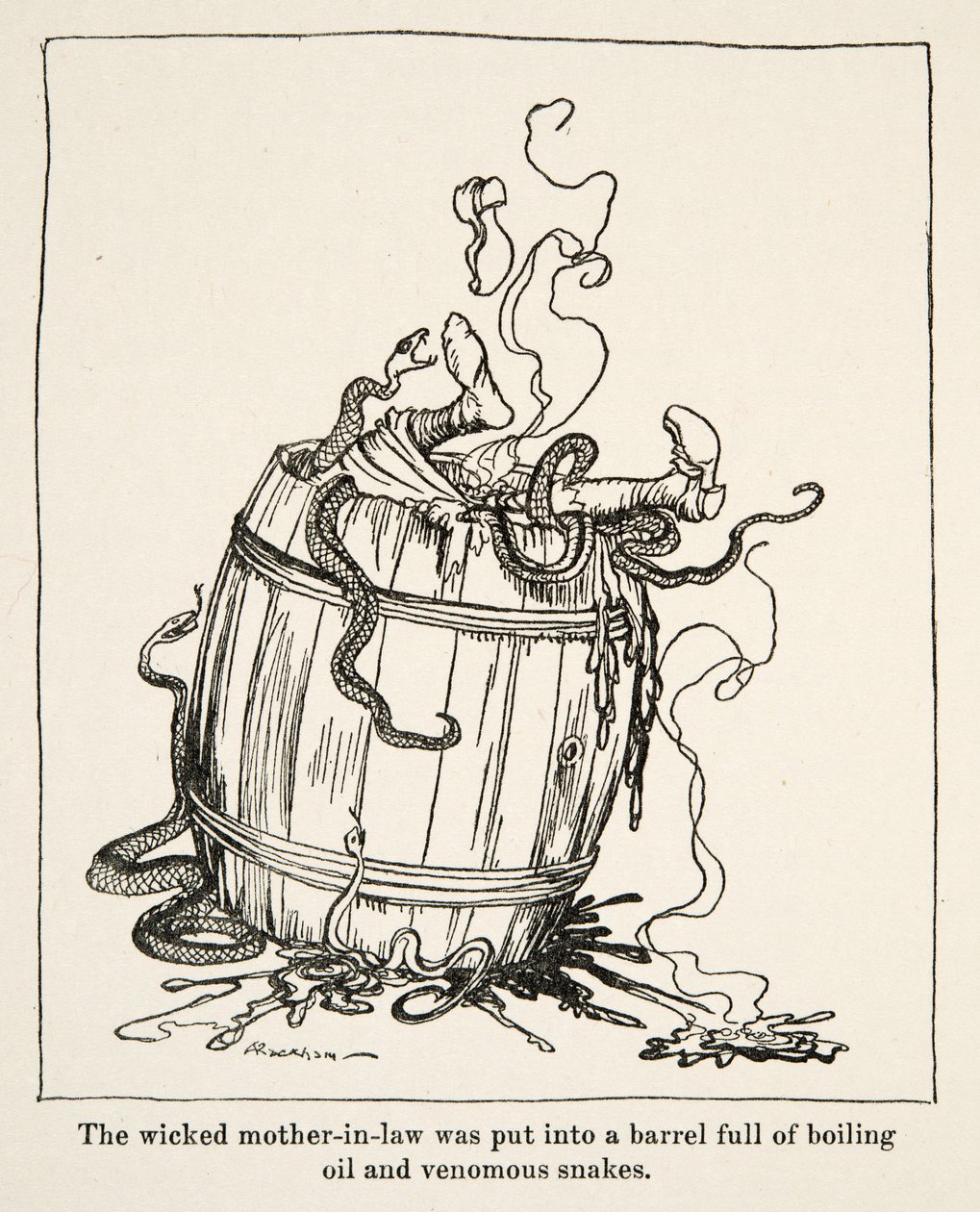 The Wicked Mother-in-Law was Put into a Barrel Full of Boiling Oil and Venomous Snakes, from Little Brother & Little Sister and Other Tales by the Brothers Grimm, pub.1917 by Arthur Rackham