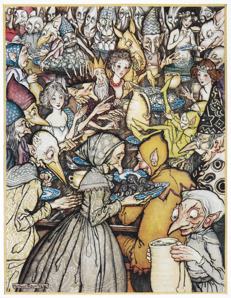 The banquet where the really grand company were assembled. The Elfin king, wearing a golden crown, his daughters, and goblins and trolls gathered together for a meal. Illustration for 