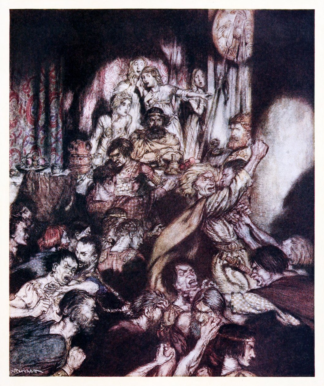 The banqueting hall was in tumult. from The Little Brawl in Irish Fairy Tales by Arthur Rackham