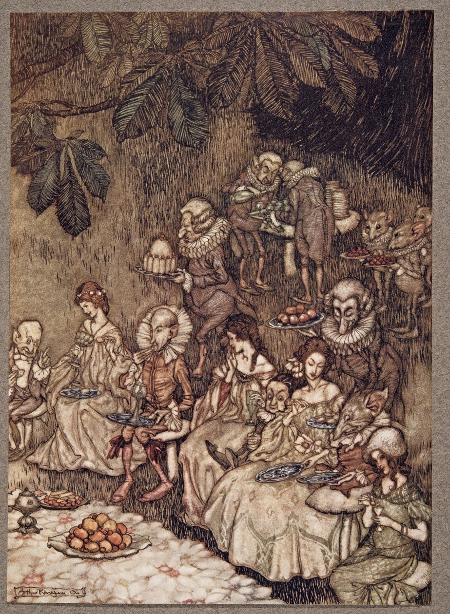 The fairies sit round on mushrooms, and at first they are well behaved, from Peter Pan in Kensington Gardens by J.M. Barrie, pub. 1906 by Arthur Rackham