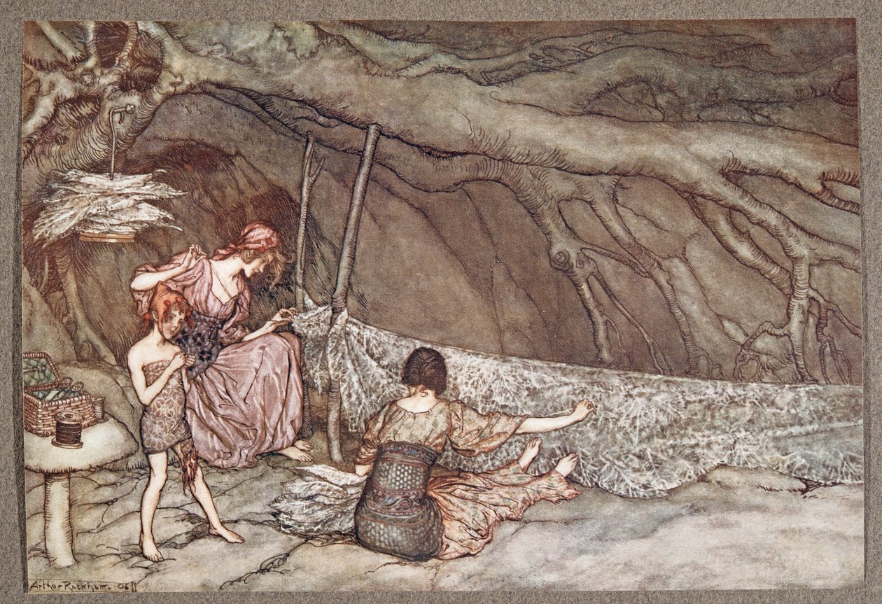 The little people weave their summer curtains from skeleton leaves, from Peter Pan in Kensington Gardens by J.M. Barrie, pub. 1906 by Arthur Rackham