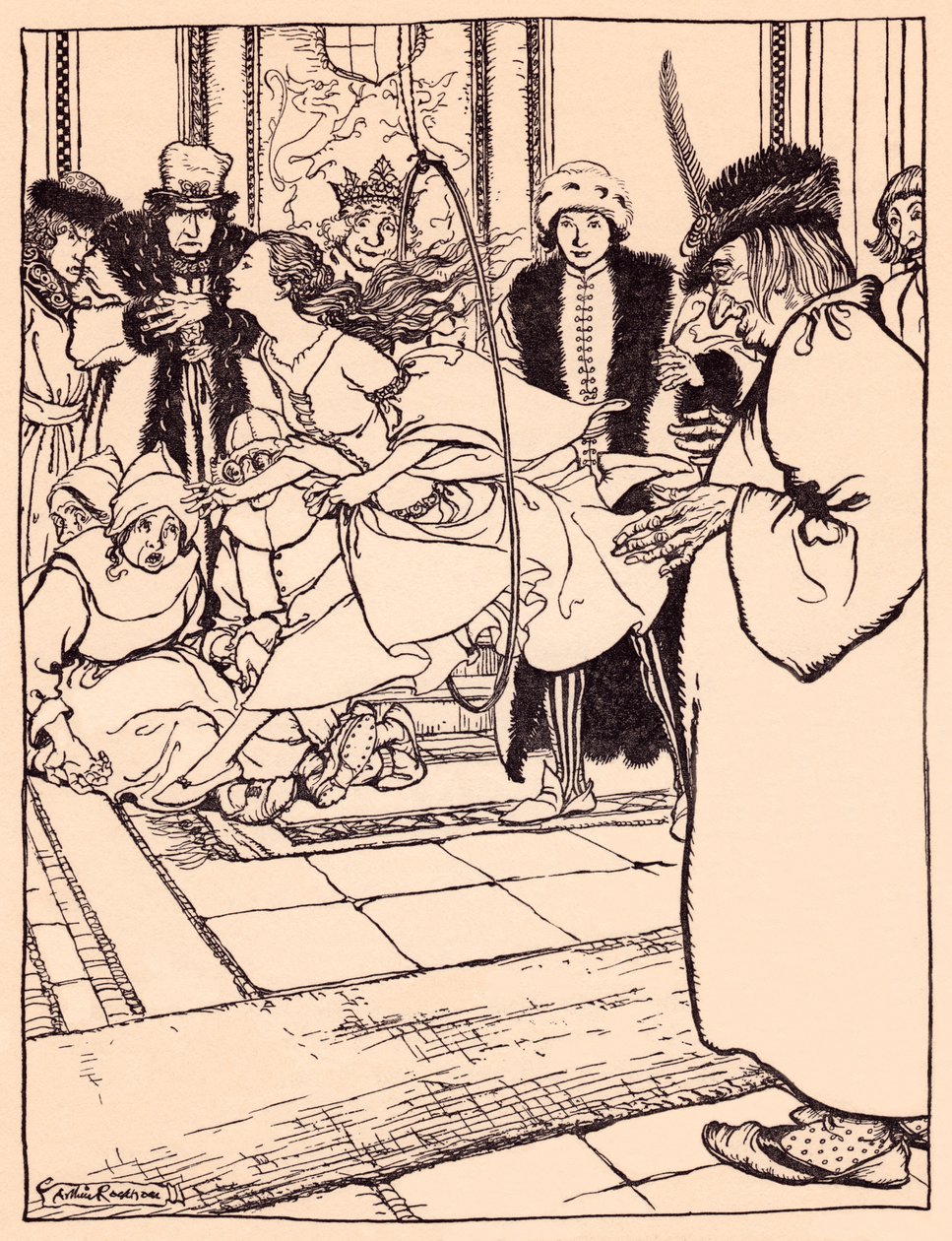 The pretty maiden skipped through the hoop as lightly as a deer (Illustration by Arthur Rackham from Grimm