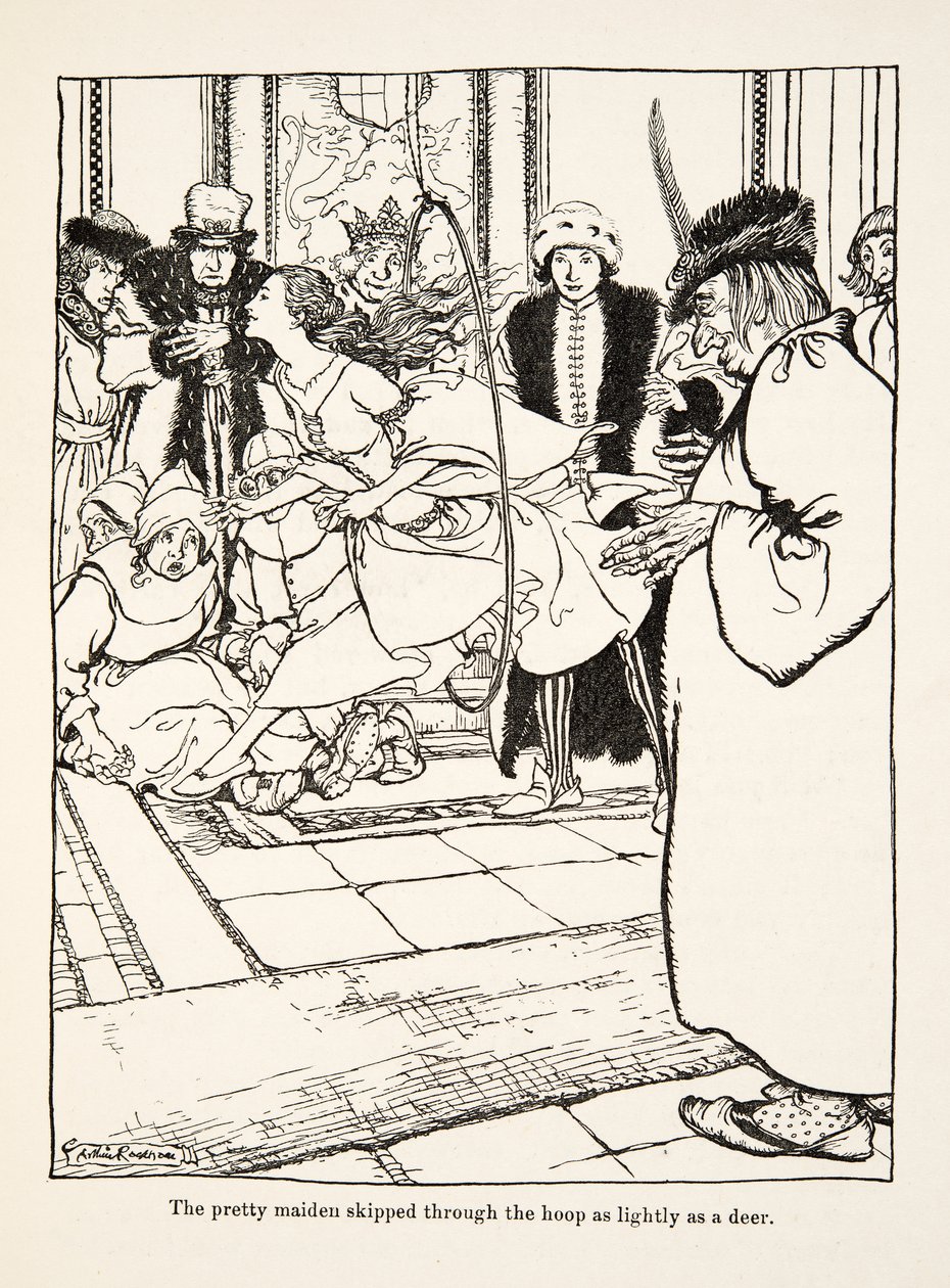 The pretty maiden skipped through the hoop as lightly as a deer, from Little Brother & Little Sister and Other Tales by the Brothers Grimm by Arthur Rackham