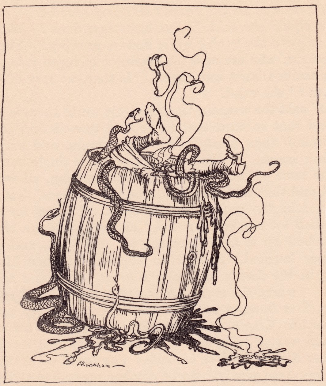 The wicked mother-in-law was put into a barrel full of boiling oil and venomous snakes (Illustration by Arthur Rackham from Grimm