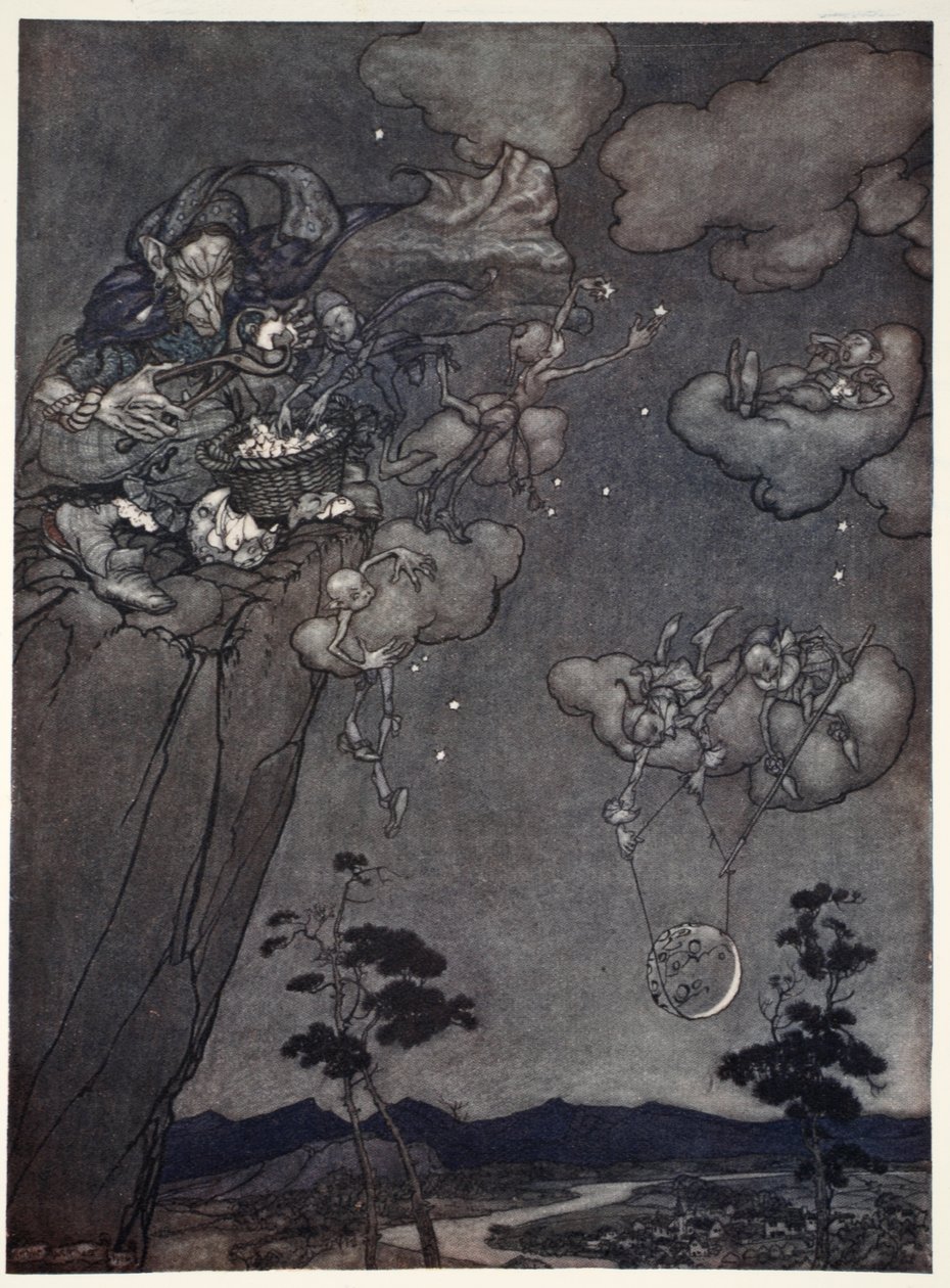 They were ruled by an old squaw spirit who hung up the new moons in the skies and cut up the old ones into stars, from Rip Van Winkle by Washington Irving by Arthur Rackham