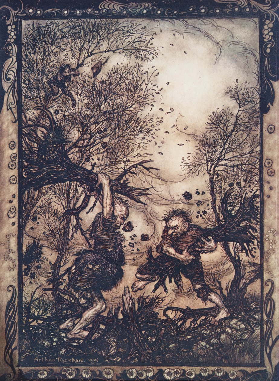 They worked themselves into such a rage that they tore up trees by the roots, and hacked at each other till they both fell dead by Arthur Rackham
