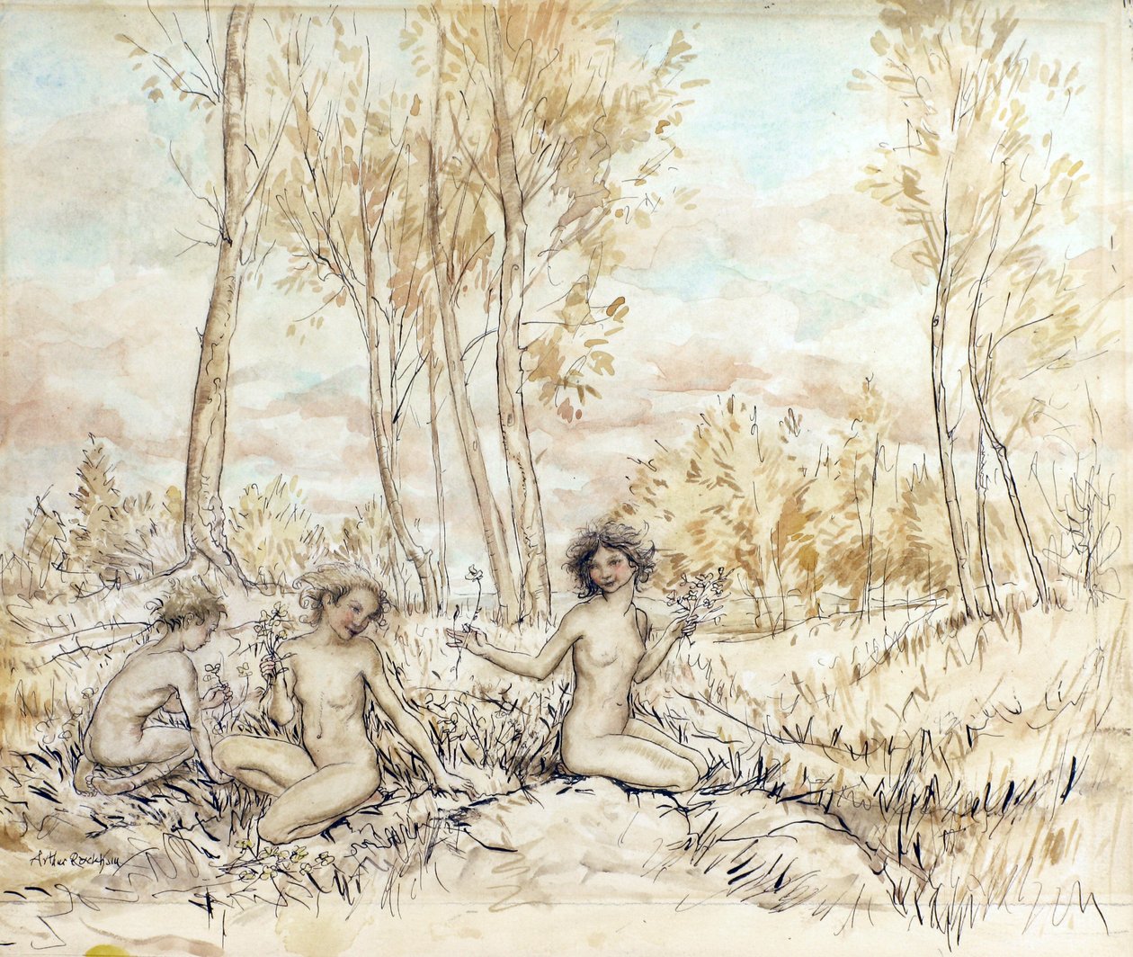 Three Wood Nymphs Gathering Flowers by Arthur Rackham