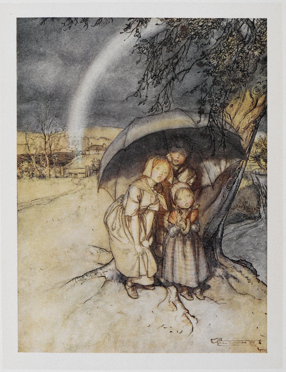 Three Children Sheltering Under an Umbrella with a Rainbow. 