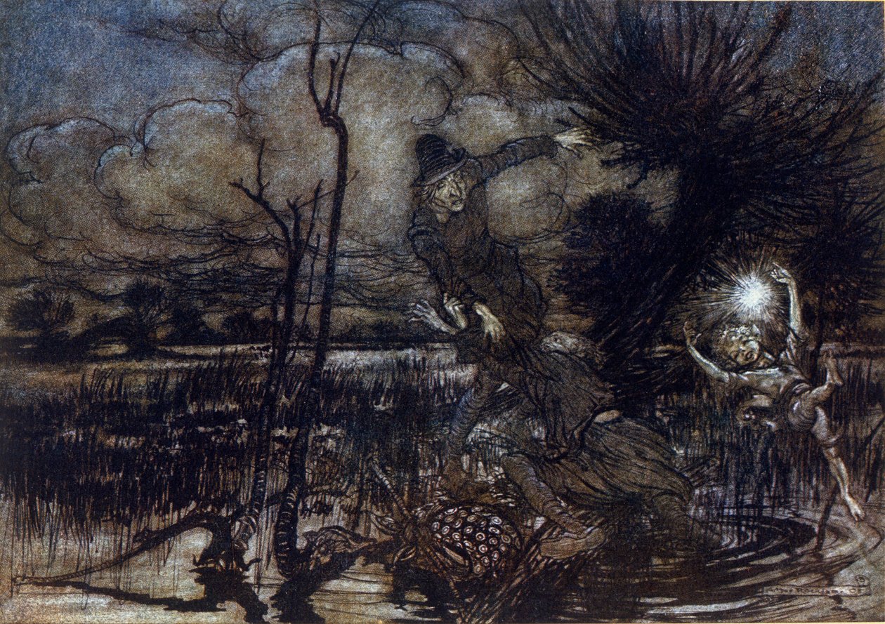 Two characters fail to drown in the swamp, Puck helps them with a fire. Illustration by Arthur Rackham for The Dream of a Summer Night by William Shakespeare by Arthur Rackham