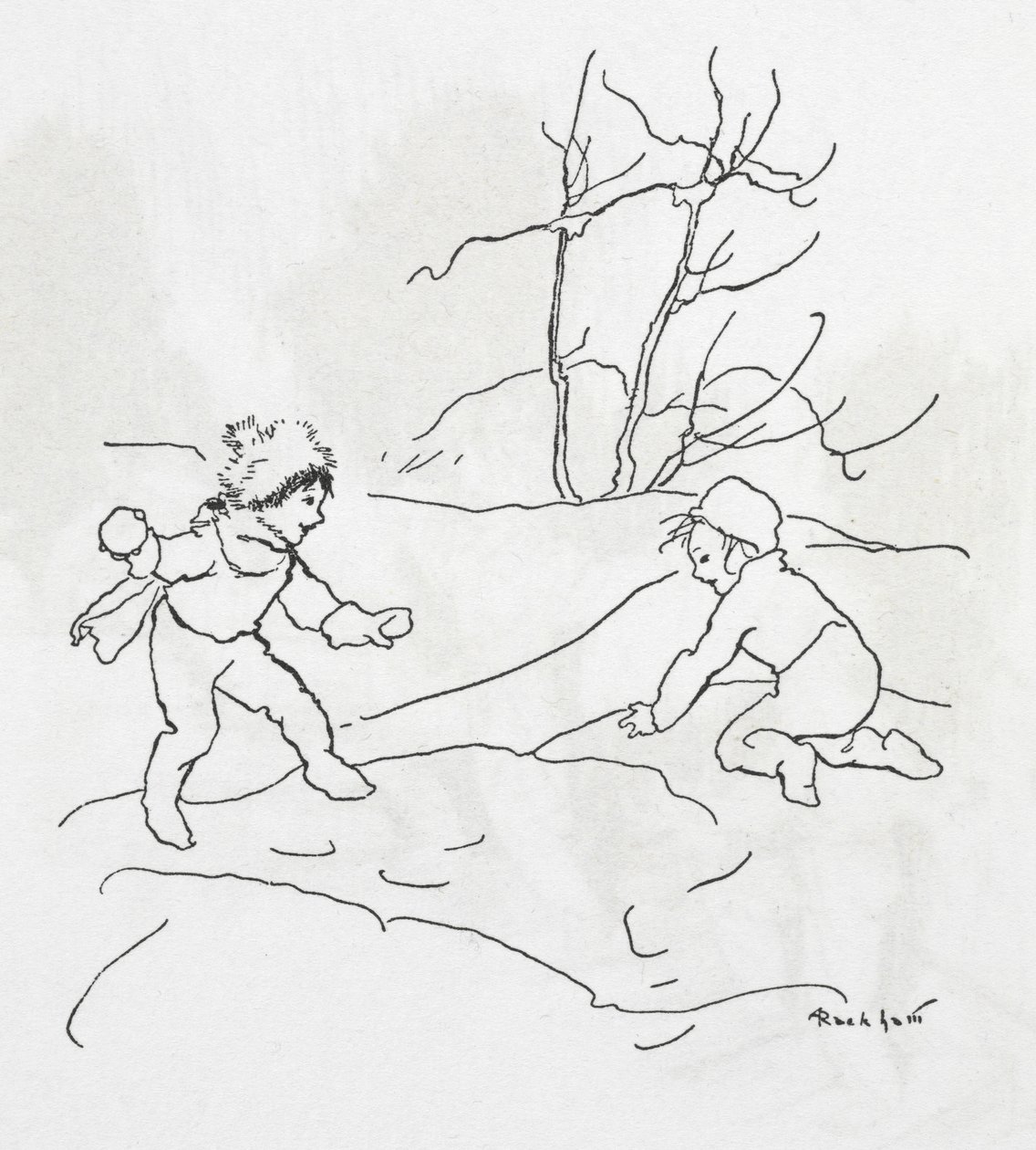 Two children having a snowball fight by Arthur Rackham