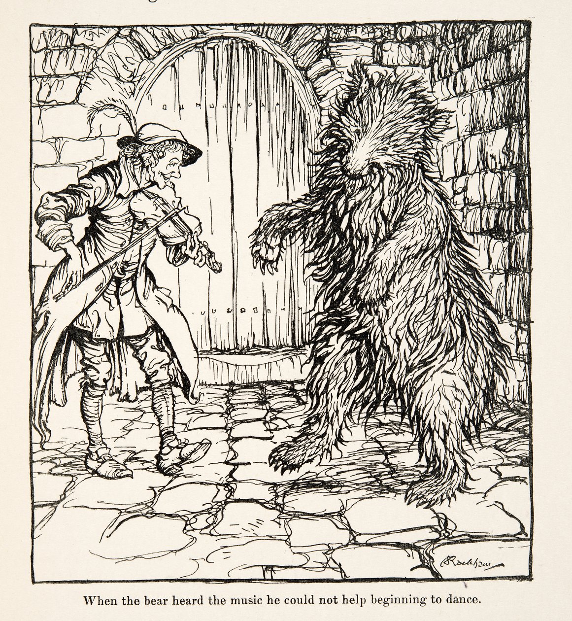 When the bear heard the music he could not help beginning to dance, from Little Brother & Little Sister and Other Tales by the Brothers Grimm, pub.1917 by Arthur Rackham