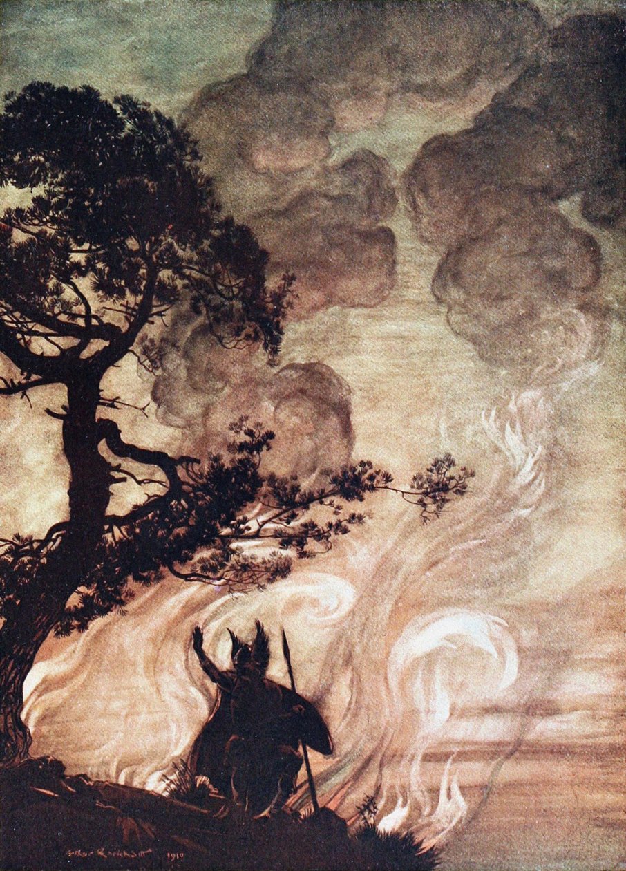 Wotan Turns and Looks Sorrowfully Back at Brünnhilde. Illustration for The Rhinegold and The Valkyr by Arthur Rackham
