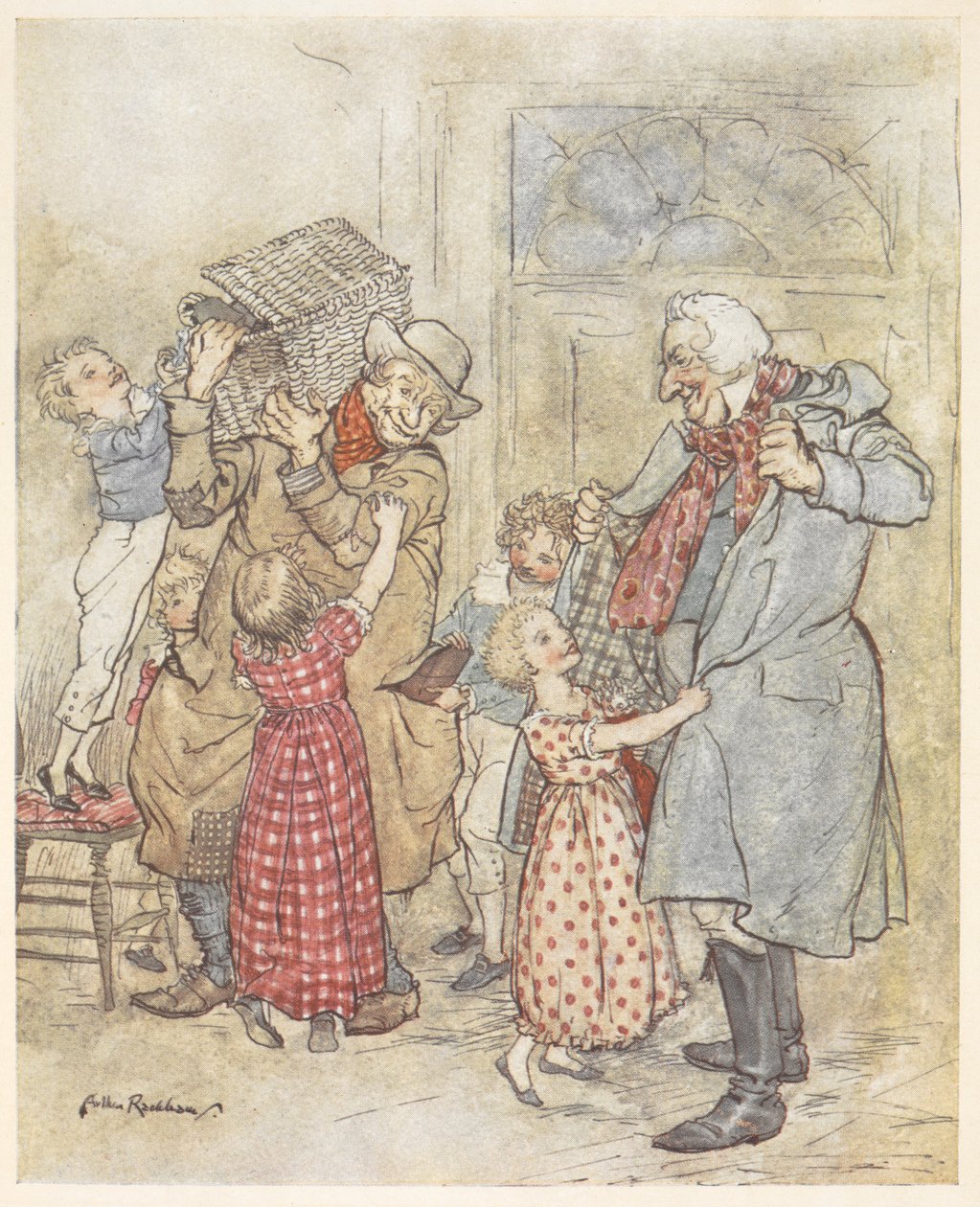 Young children helping two older men with their coats as they enter a house carrying Christmas gifts by Arthur Rackham