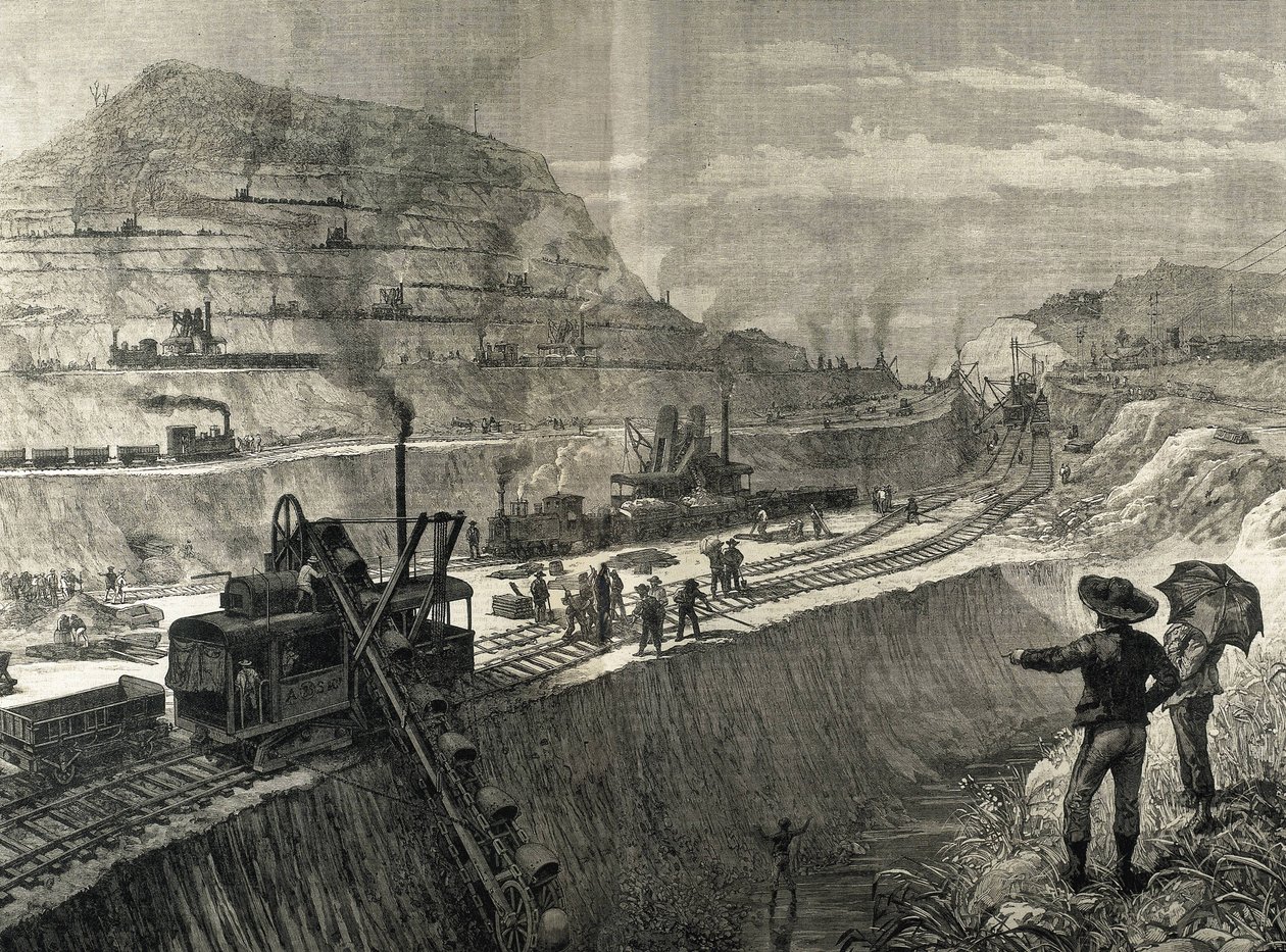 Construction of Panama Canal. Dredging works in the village of Culebra (original drawing by Meltor Prior). Image published in 