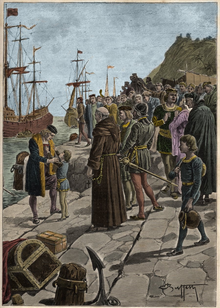 Departure of Christopher Columbus and his companions from the port of Palos in Spain, August 3 by Artist Unknown