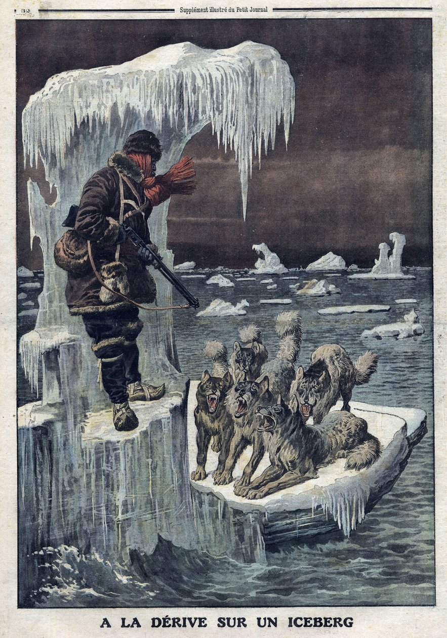 Drift on an iceberg: English doctor Wilfrid Grenfell was drifted on an iceberg and had to kill his hungry dogs so that they would not harm him by Artist Unknown