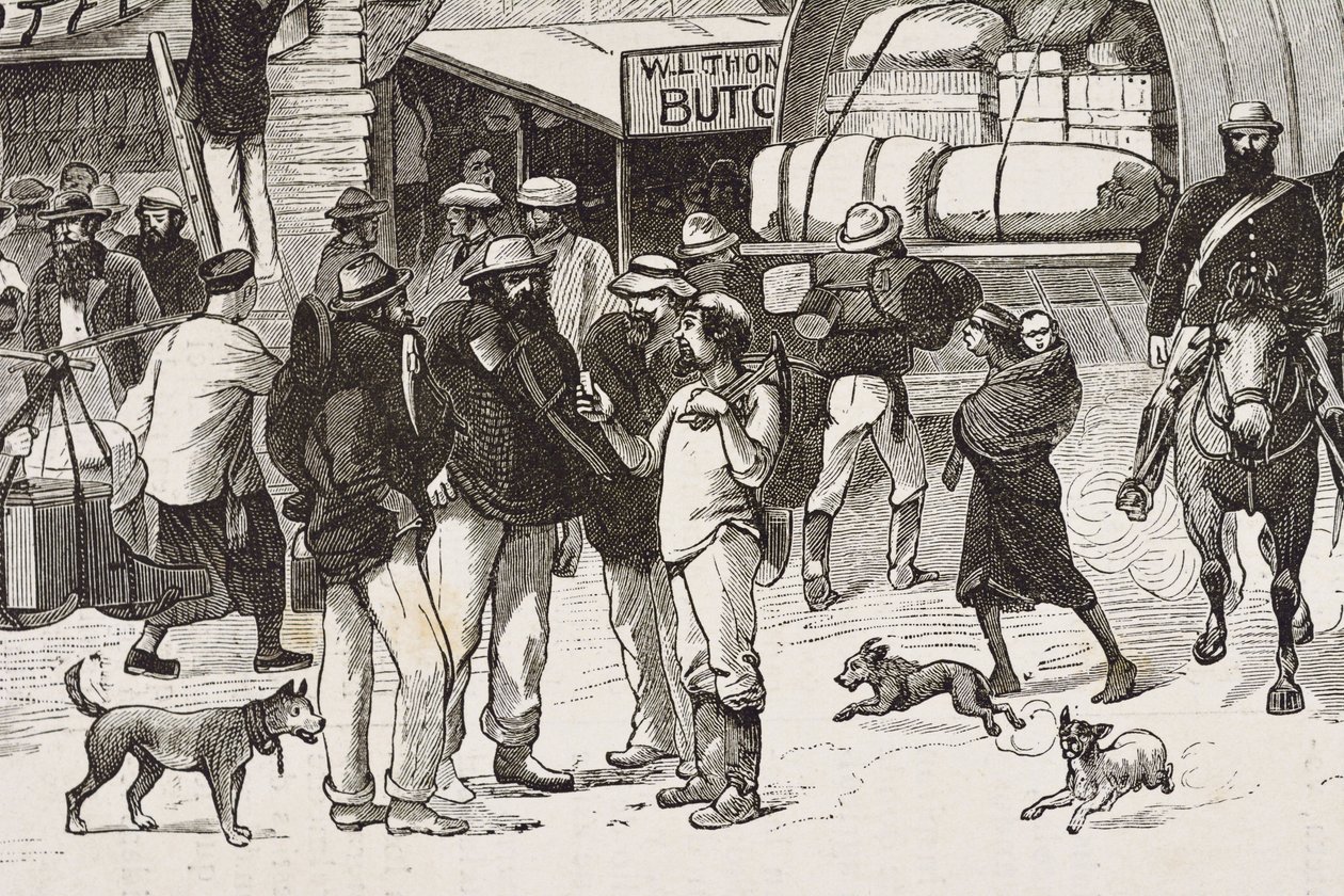 Colonization (1880). The life of the gold diggers in Australia. English colony of Botany Bay (founded in 1788) and initially populated mostly by criminals turned prospectors and traders by Artist Unknown