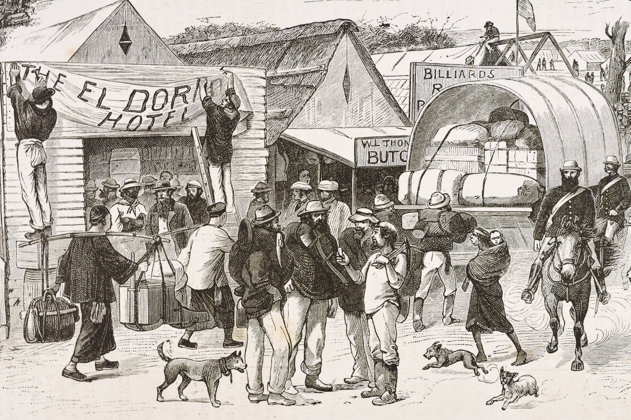 England (19th century). Colonization (1880). The life of the gold diggers in Australia. English colony of Botany Bay (founded in 1788) and initially populated mostly by criminals turned prospectors and traders (engraving) by Artist Unknown
