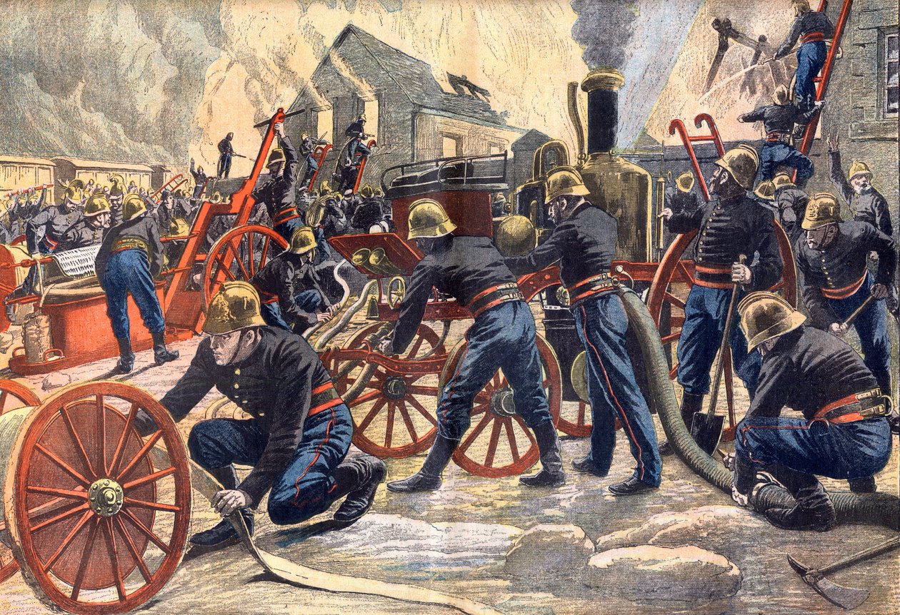 Firemen Fighting a Fire at a Paper Mill in Ballancourt by Artist Unknown