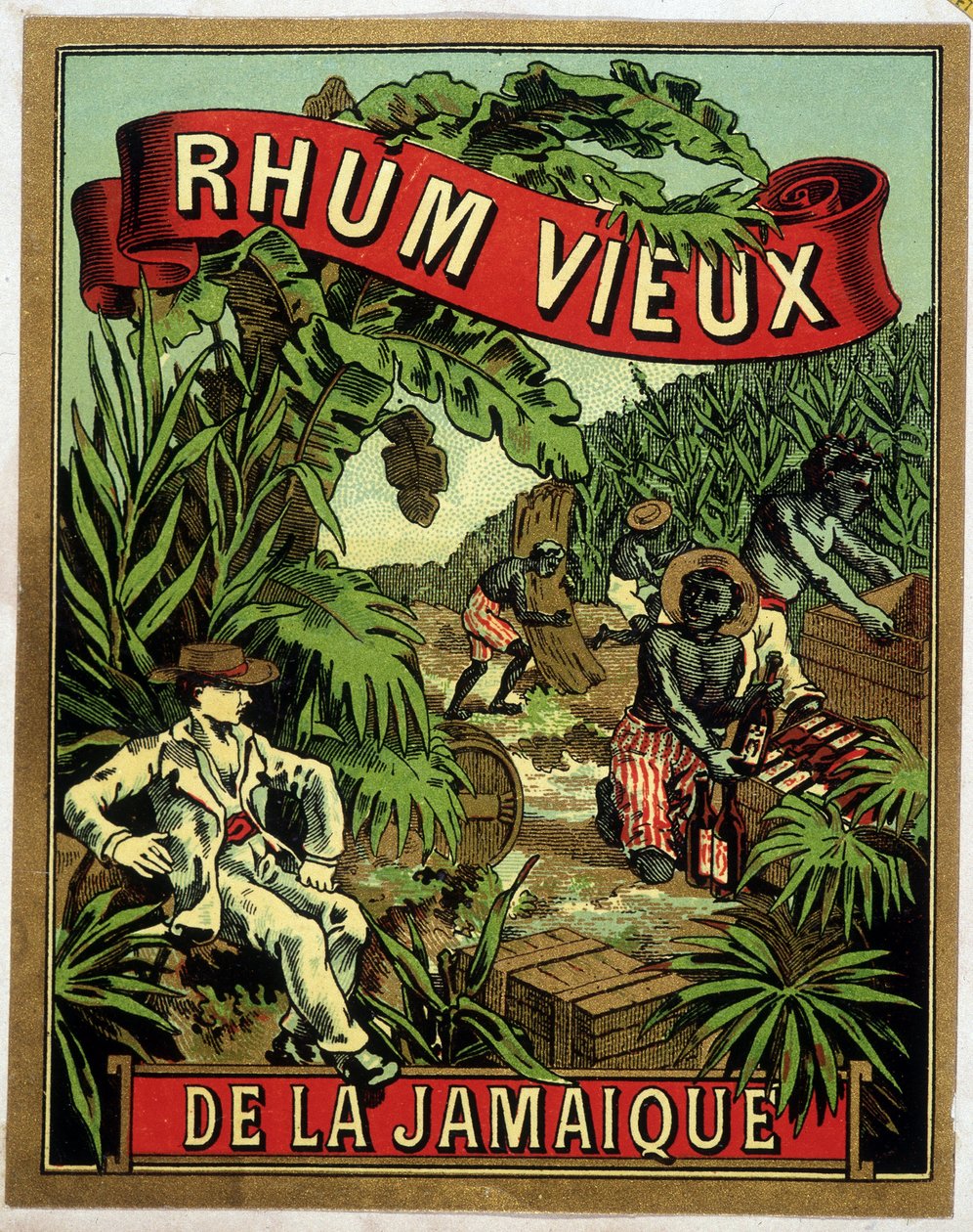 Jamaican rum label. Black workers reducing sugar cane are watched by a white man by Artist Unknown