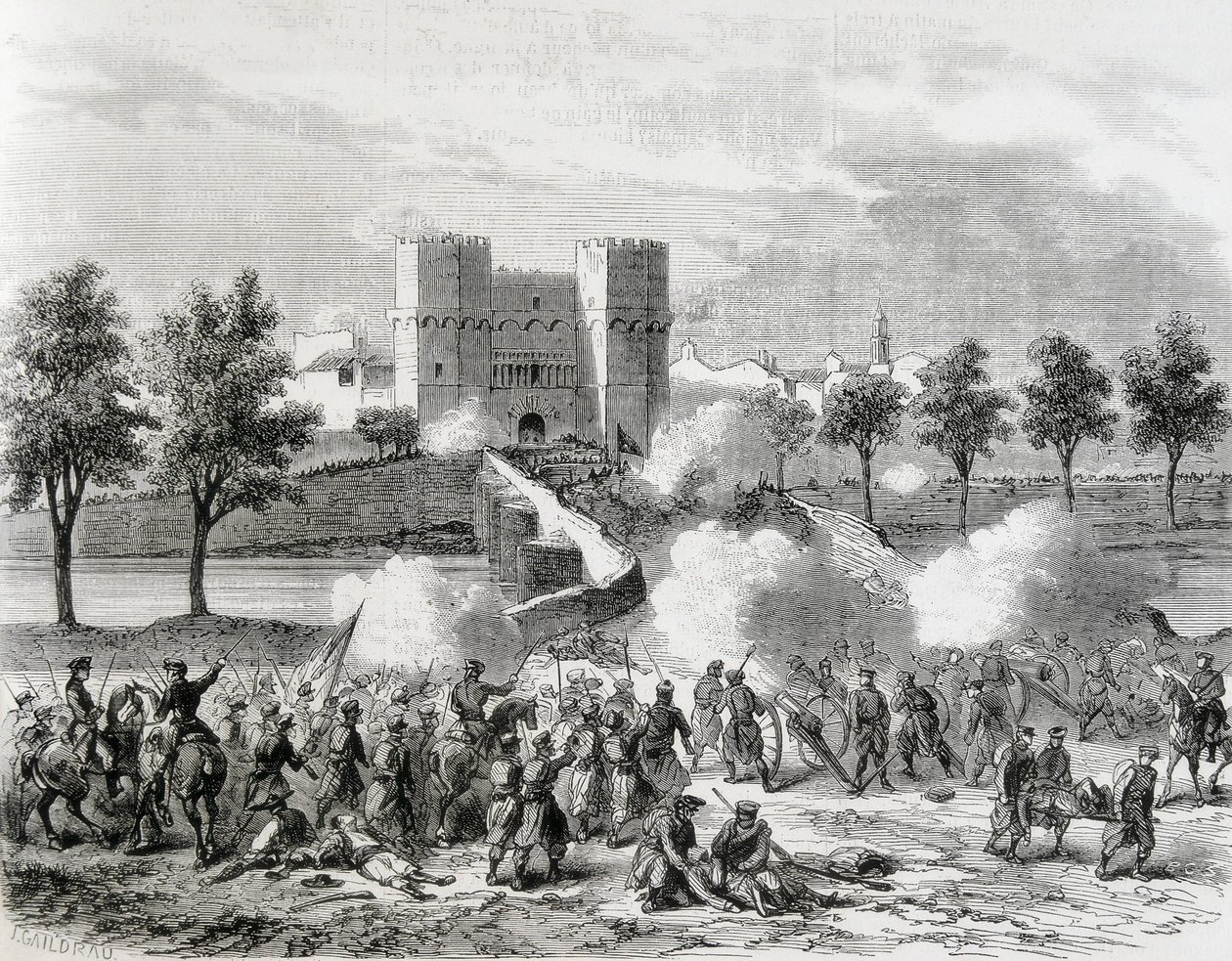 Glorious Revolution. Attack of the Government Troops in the Serrans Gate in Valencia. Engraving from 