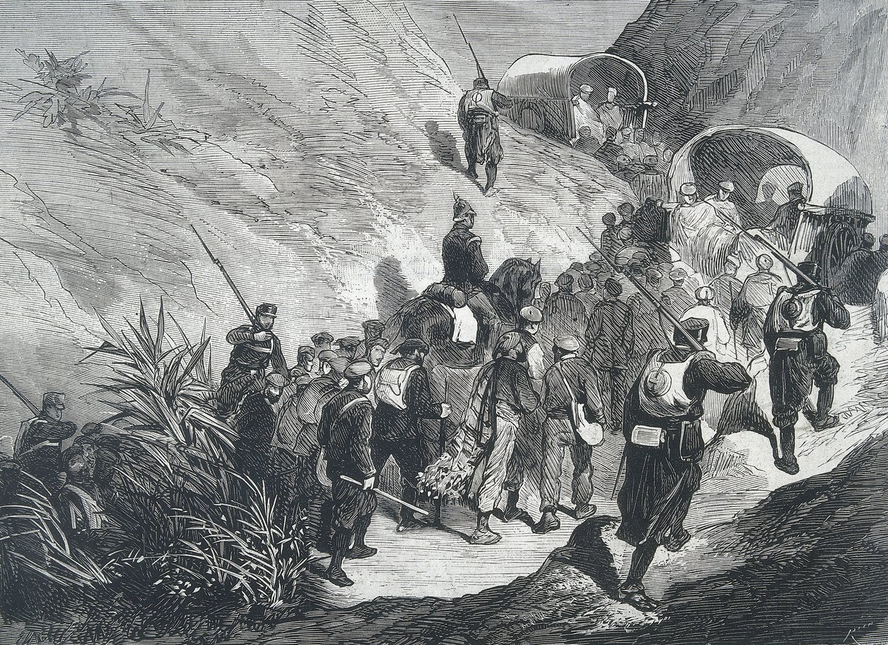 Spain. Third Carlist War. Carlist prisoners walking across the mountains in Emporda (Catalonia). Engraving. by Artist Unknown