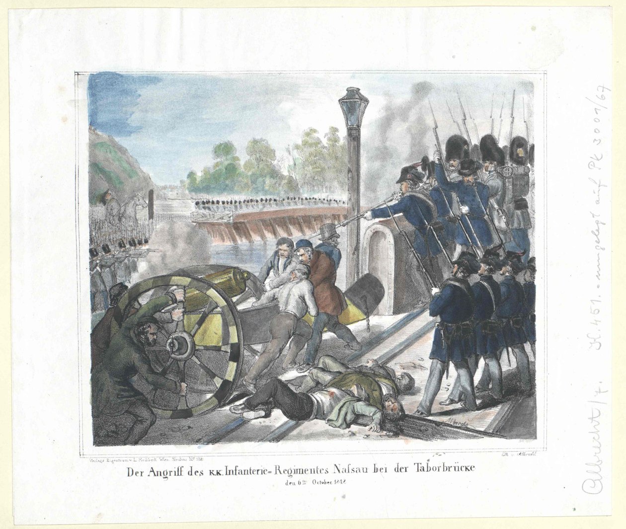 The Attack of the K. K. Infantry Regiment Nassau at the Tabor Bridge on 6th October 1848 by Artist Unknown