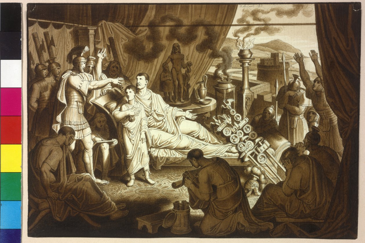 The dying Emperor Marcus Aurelius advises Pertinax and his son Commodus by Artist Unknown