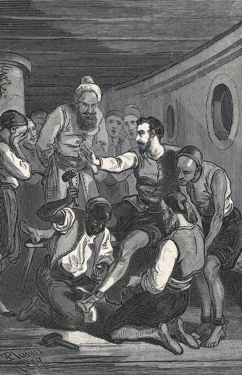 Trinidadians Fray Juan Gil and Fray Anton de la Bella Released Cervantes from Captivity in Algiers in 1580. Engraving by Artist Unknown
