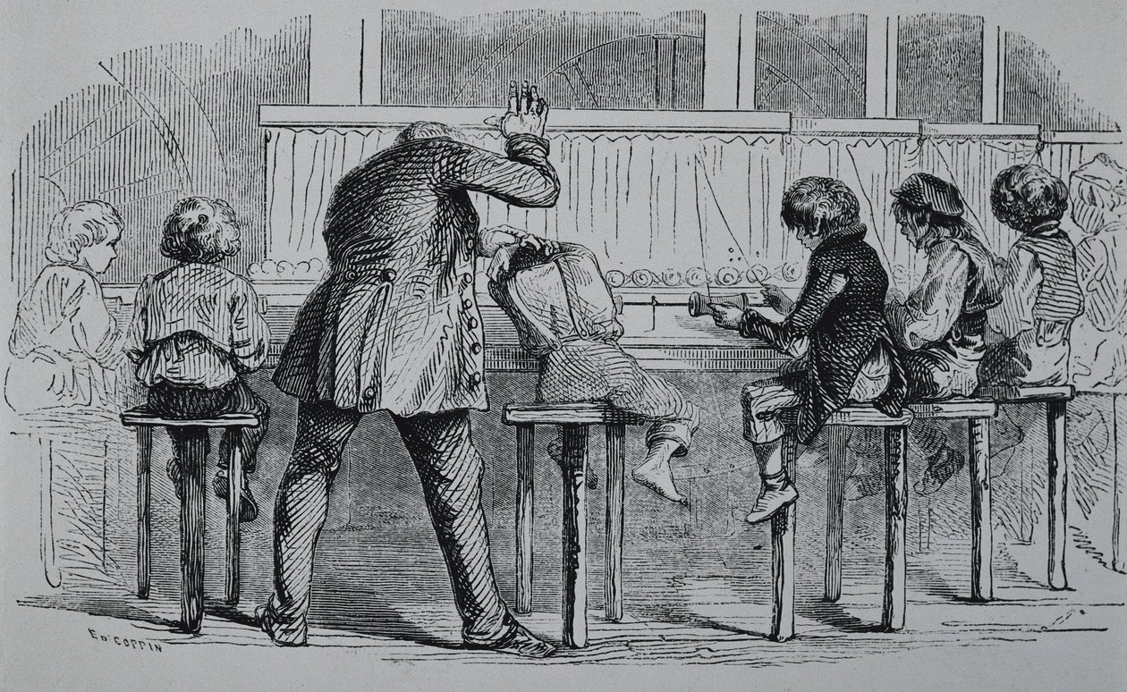 Industrial Revolution: Children using machines in a textile factory (engraving) by Artist Unknown