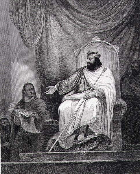 Charlemagne (742-814) issuing the Capitulary of Herstal in 779, engraved by Leclerc by Ary (after) Scheffer