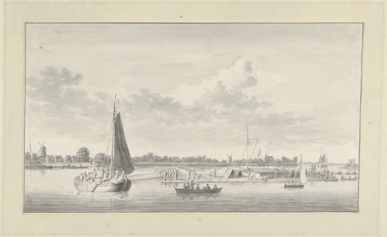 Large Raft and Various Ships on the Merwede near the House de Merwe near Dordrecht by Ary van Wanum