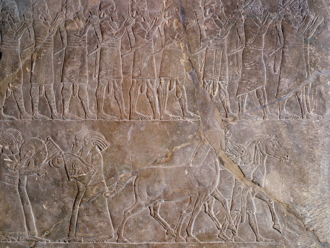 Oriental Antiquities: Detail of a Bas-Relief in Limestone: The Musicians of the Armour of Ashurbanipal, King of Assyria. 640 BC. From Nineveh. Paris, Louvre Museum by Assyrian