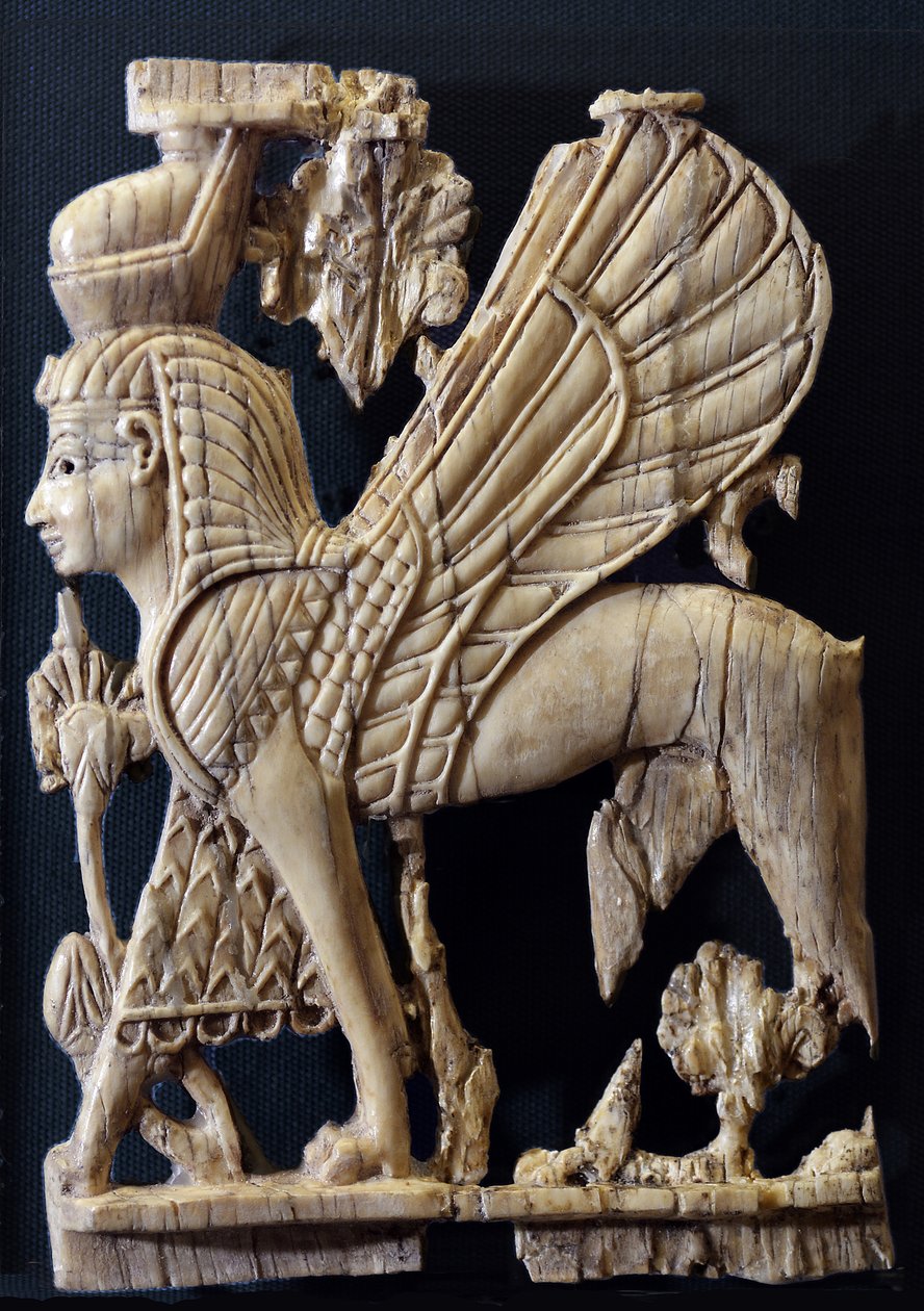 Winged Griffin with human face, Phoenician style ivory furniture decoration, Nimrud, 800-700 BC by Assyrian